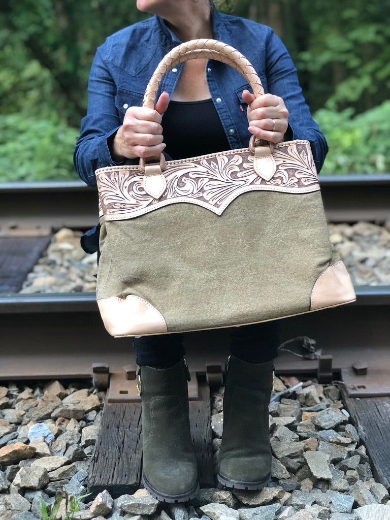 Hand-Tooled Leather & Denim Tote "Denim" by ALLE more Colors
