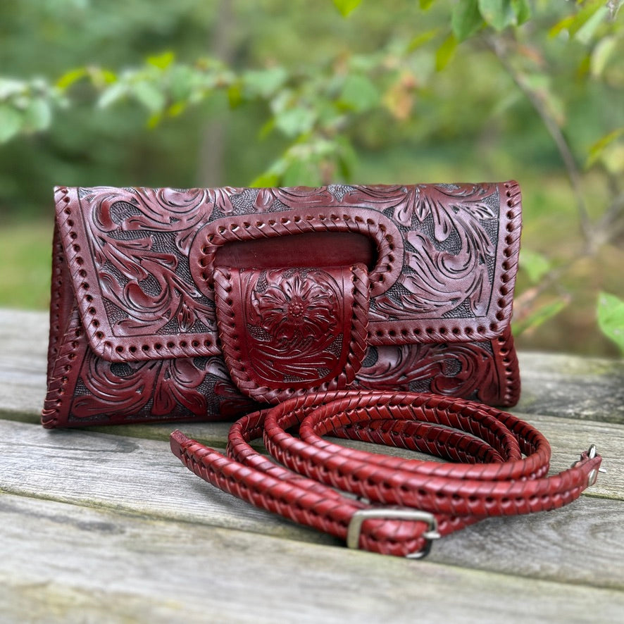 Hand-Tooled Leather Small Clutch & Crossbody "LENGUETA" by ALLE, more colors