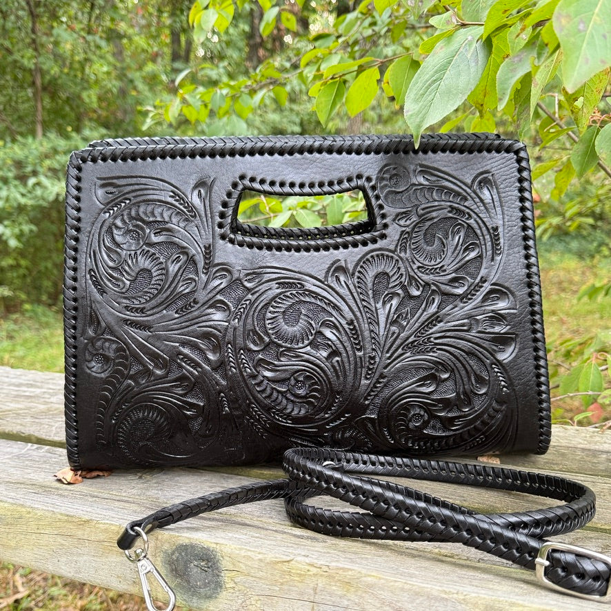 Hand-Tooled Leather Large Clutch & Crossbody, "JENNY" by ALLE