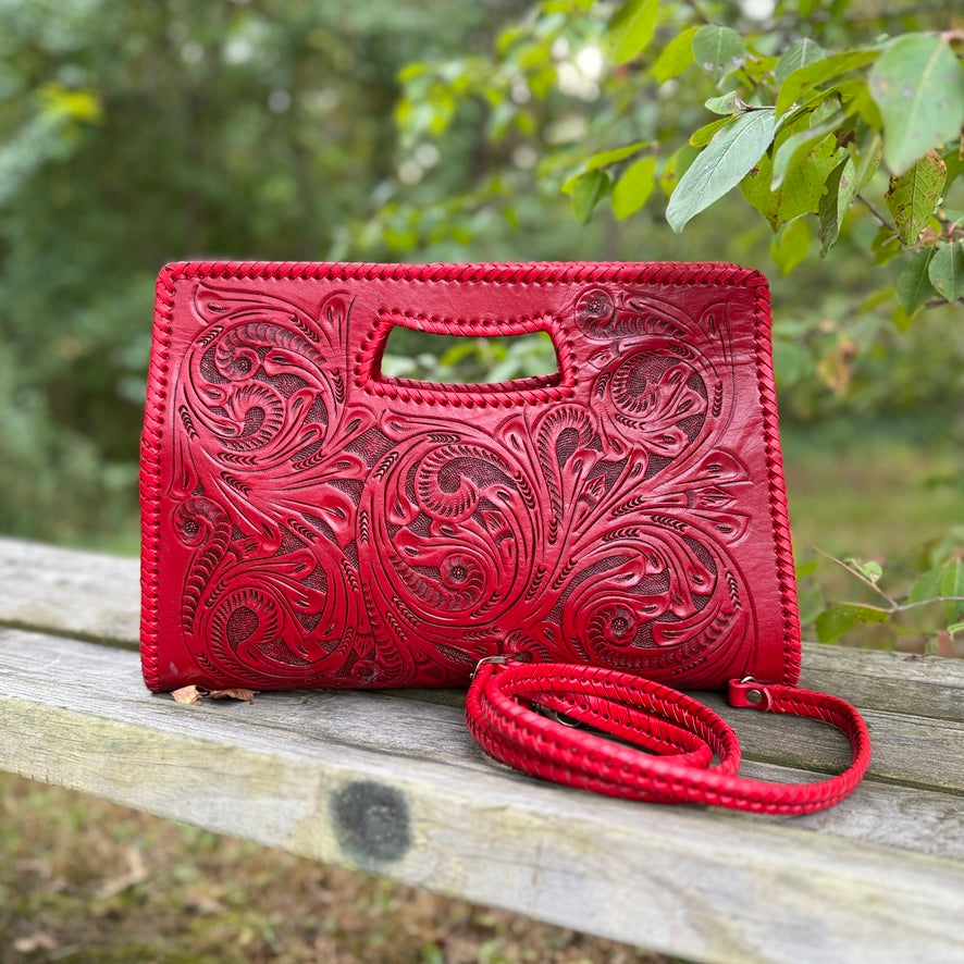 Hand-Tooled Leather Large Clutch & Crossbody, "JENNY" by ALLE