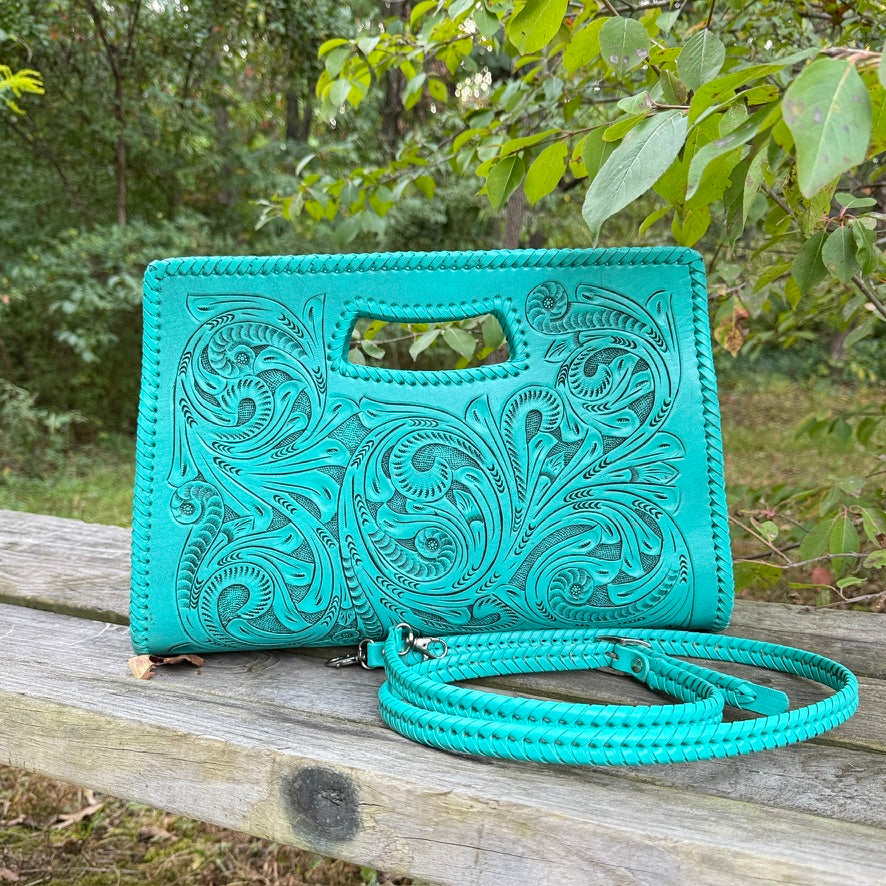 Hand-Tooled Leather Large Clutch & Crossbody, "JENNY" by ALLE