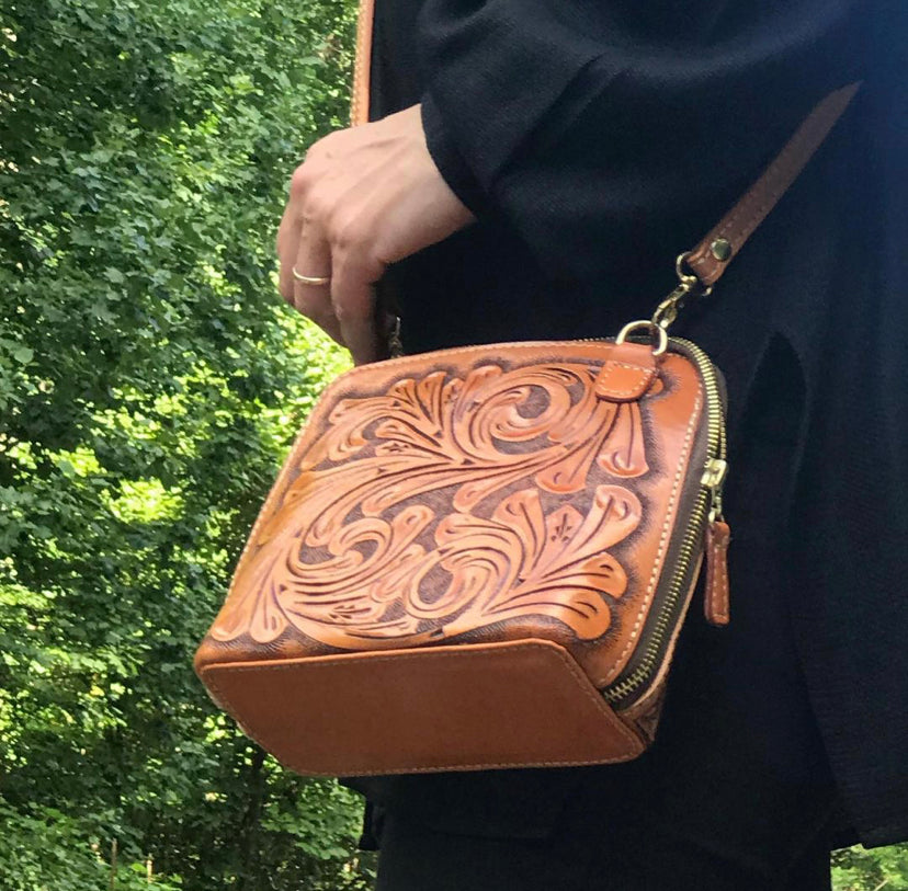 Hand-Tooled Leather Small Crossbody "CATALINA" by ALLE more Colors
