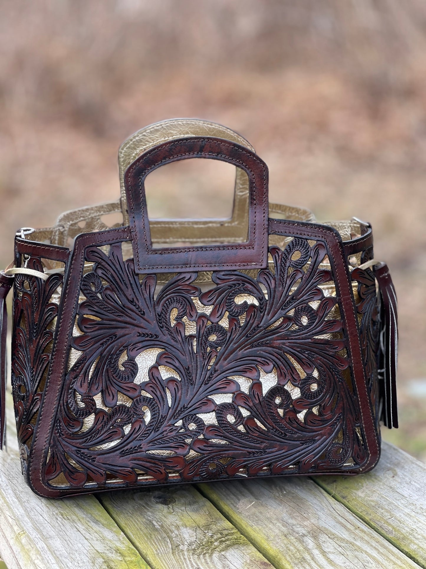 Hand Cut-Out Tooling Leather, Small Mini Tote & Crossbody "NOTA SPIKES" by ALLE