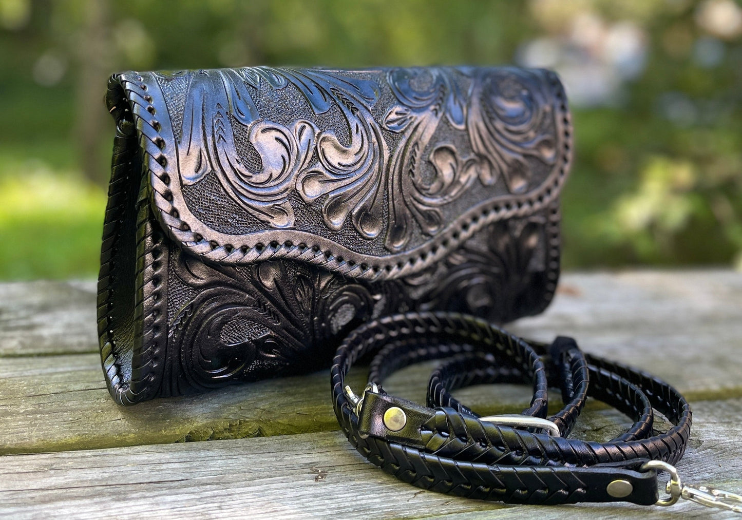 Hand-Tooled Leather Small Crossbody & Clutch "ONDULADA" more colors - ALLE Handbags