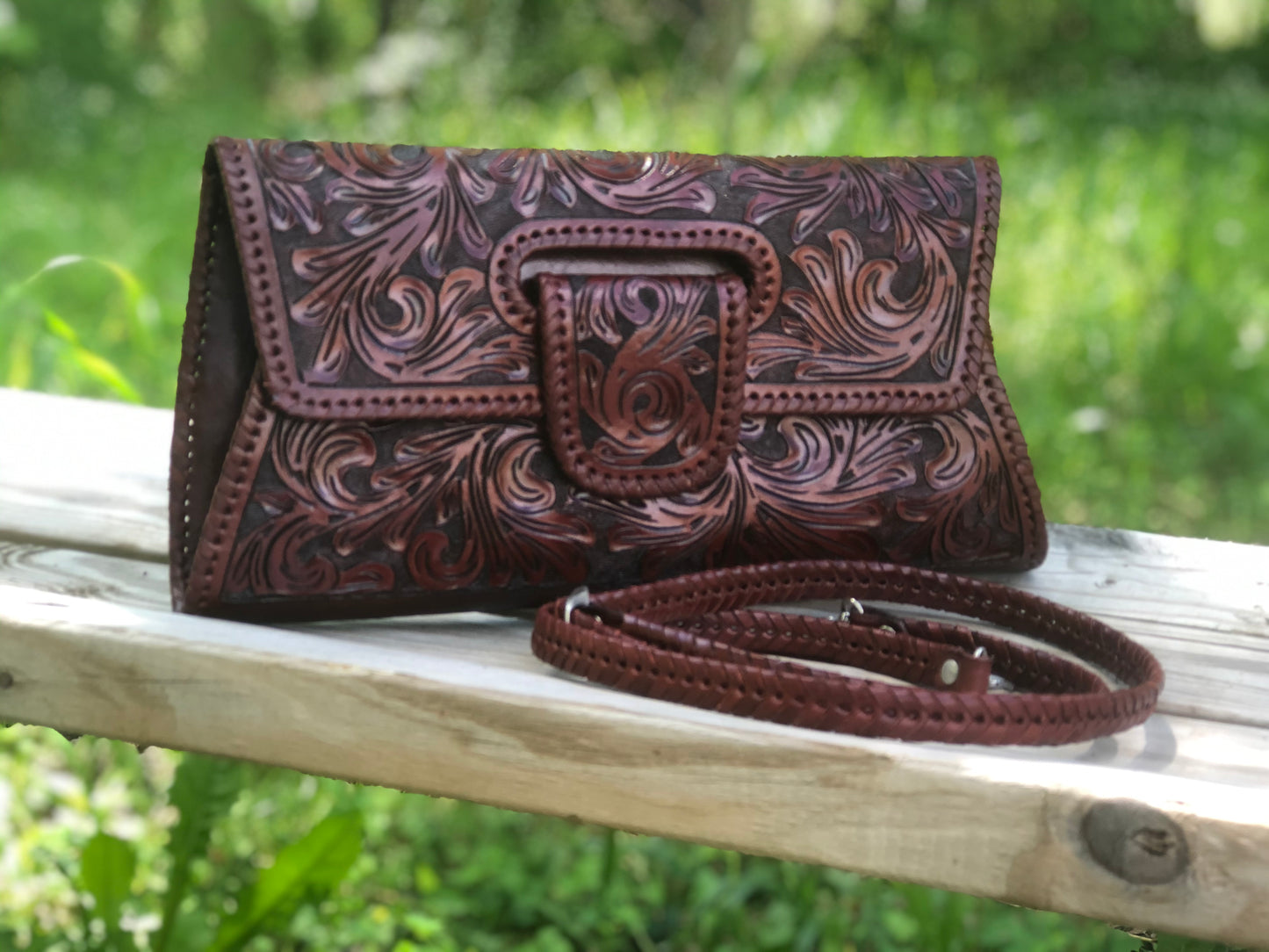 Hand-Tooled Leather Large Crossbody Clutch "LENGUETA" by ALLE - ALLE Handbags