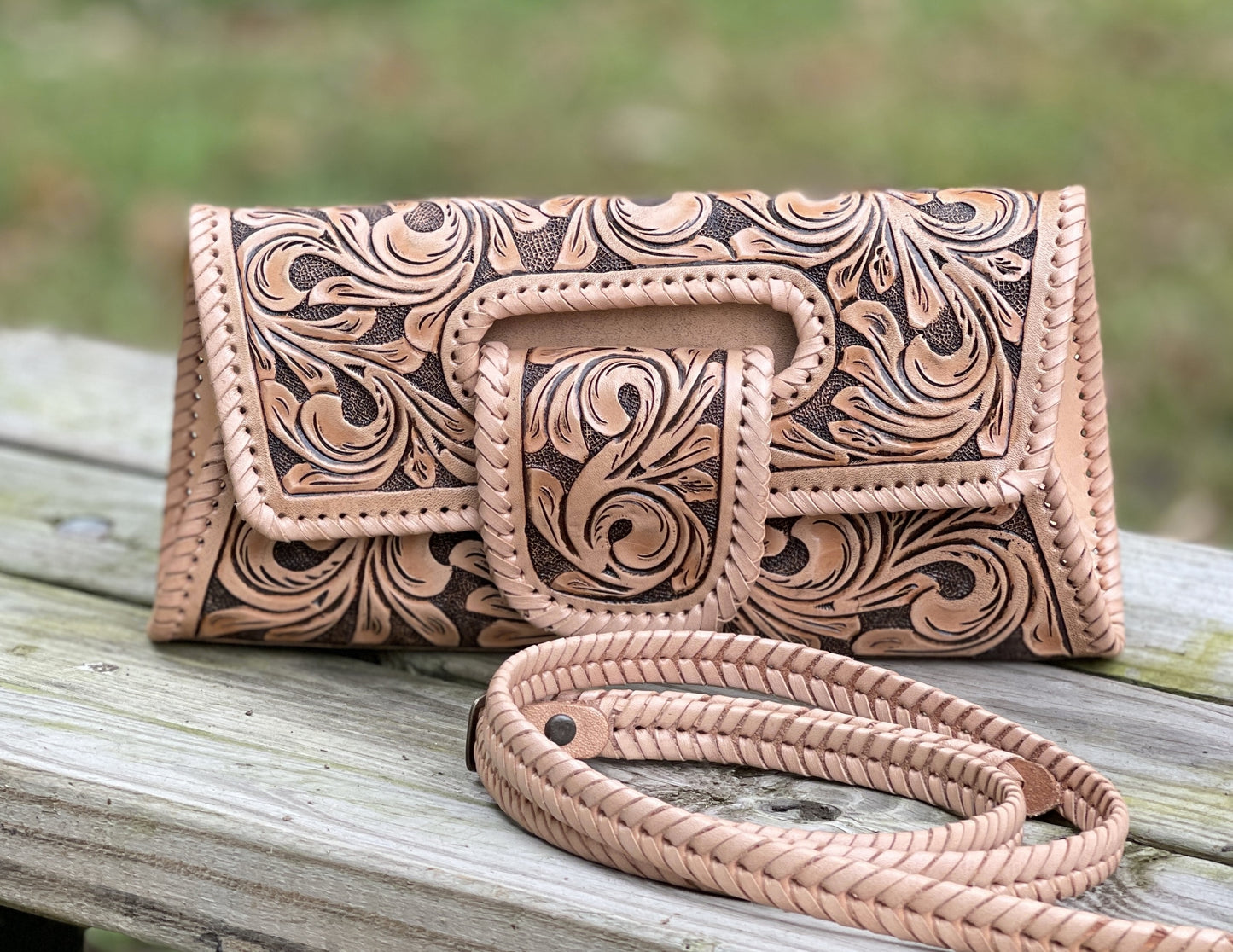 Hand-Tooled Leather Small Clutch & Crossbody "LENGUETA" by ALLE, more colors - ALLE Handbags