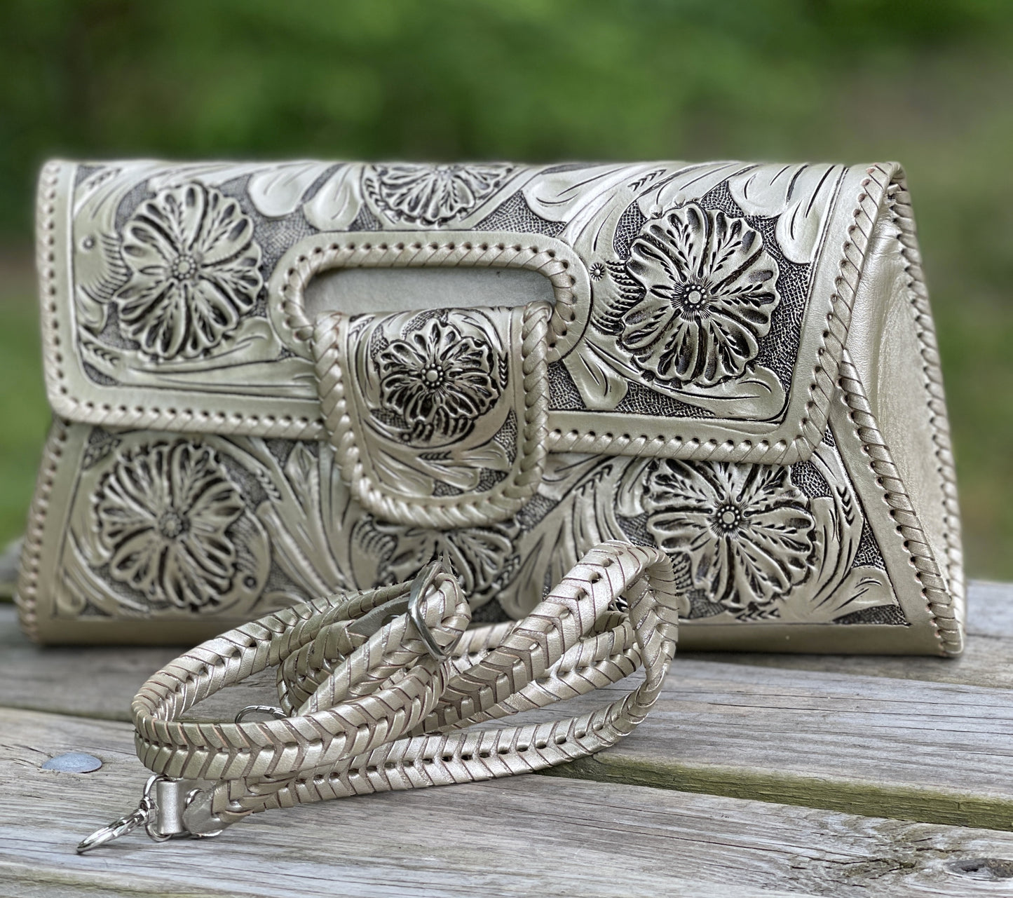 Hand-Tooled Leather Large Crossbody Clutch "LENGUETA" by ALLE - ALLE Handbags