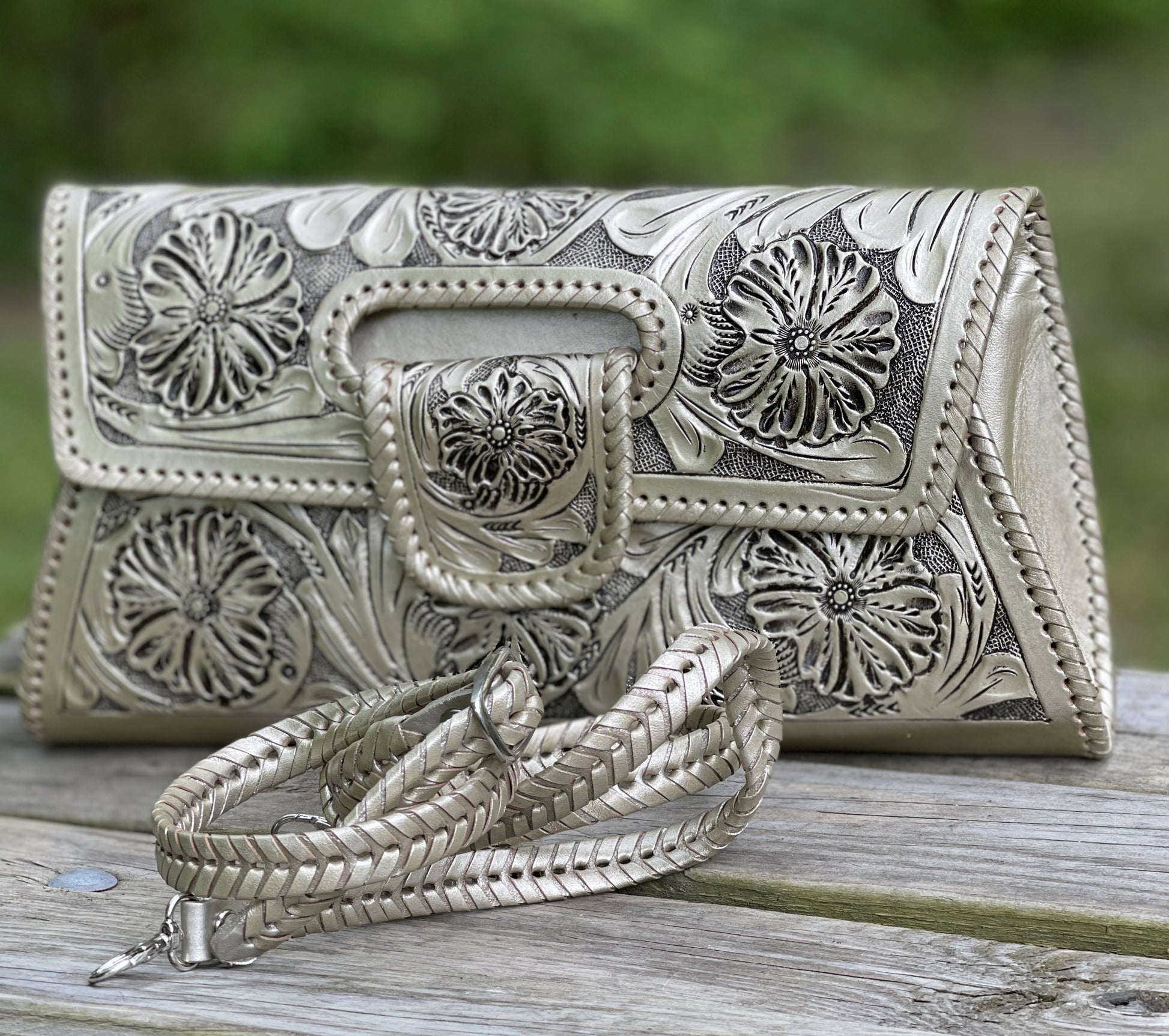 Hand-Tooled Leather Large Crossbody Clutch "LENGUETA" by ALLE - ALLE Handbags