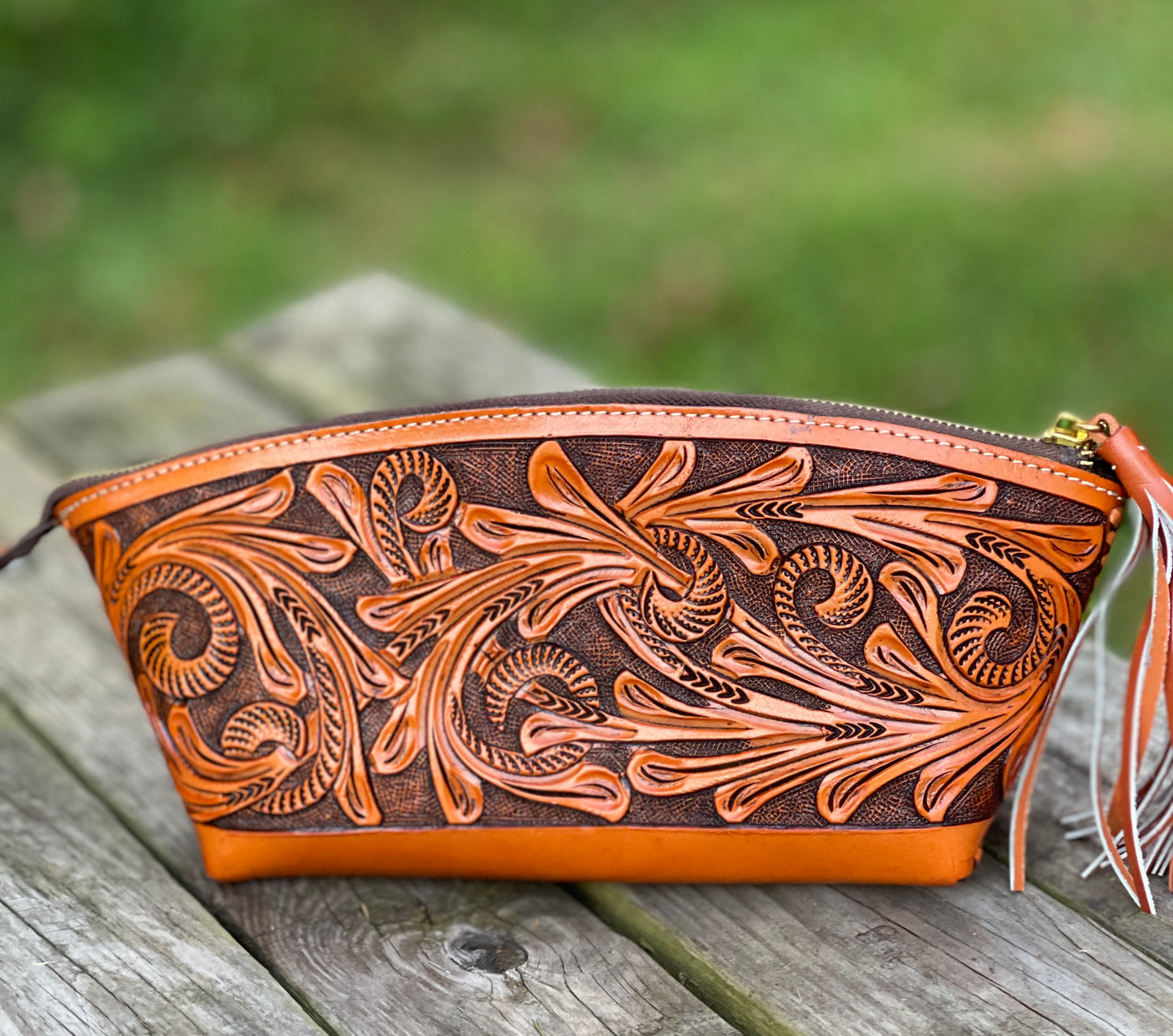 Hand-Tooled Leather COSMETIC BAG - ALLE Handbags