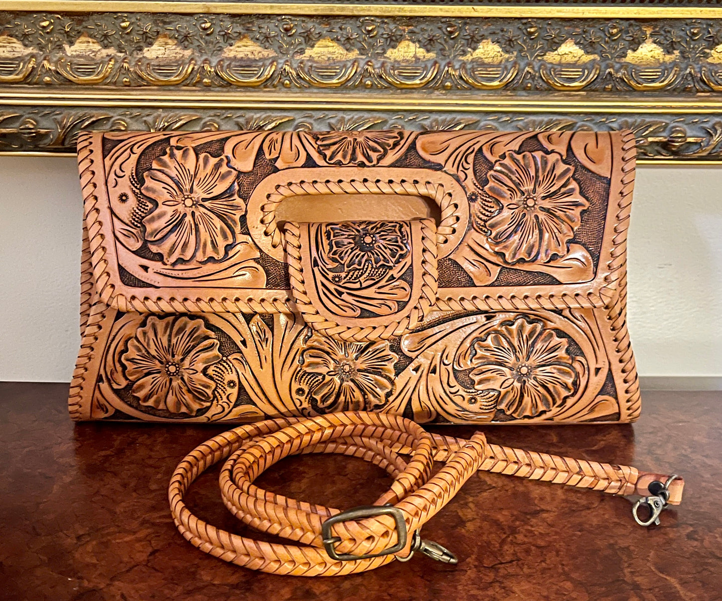 Hand-Tooled Leather Large Crossbody Clutch "LENGUETA" by ALLE - ALLE Handbags