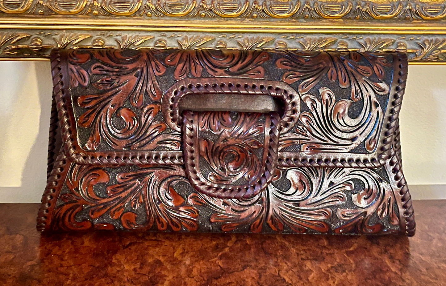 Hand-Tooled Leather Large Crossbody Clutch "LENGUETA" by ALLE - ALLE Handbags