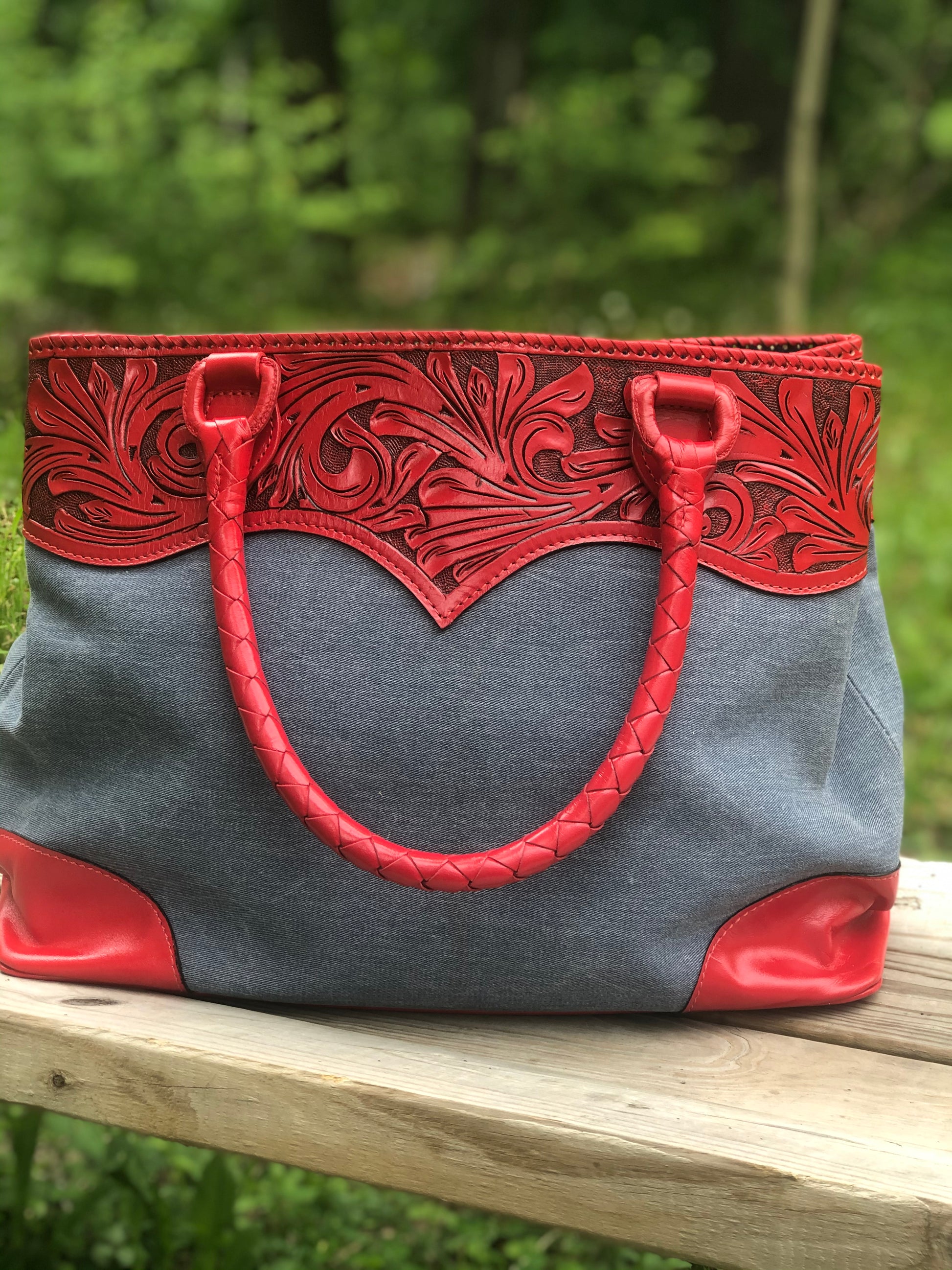 Hand-Tooled Leather & Denim Tote "Denim" by ALLE more Color - ALLE Handbags