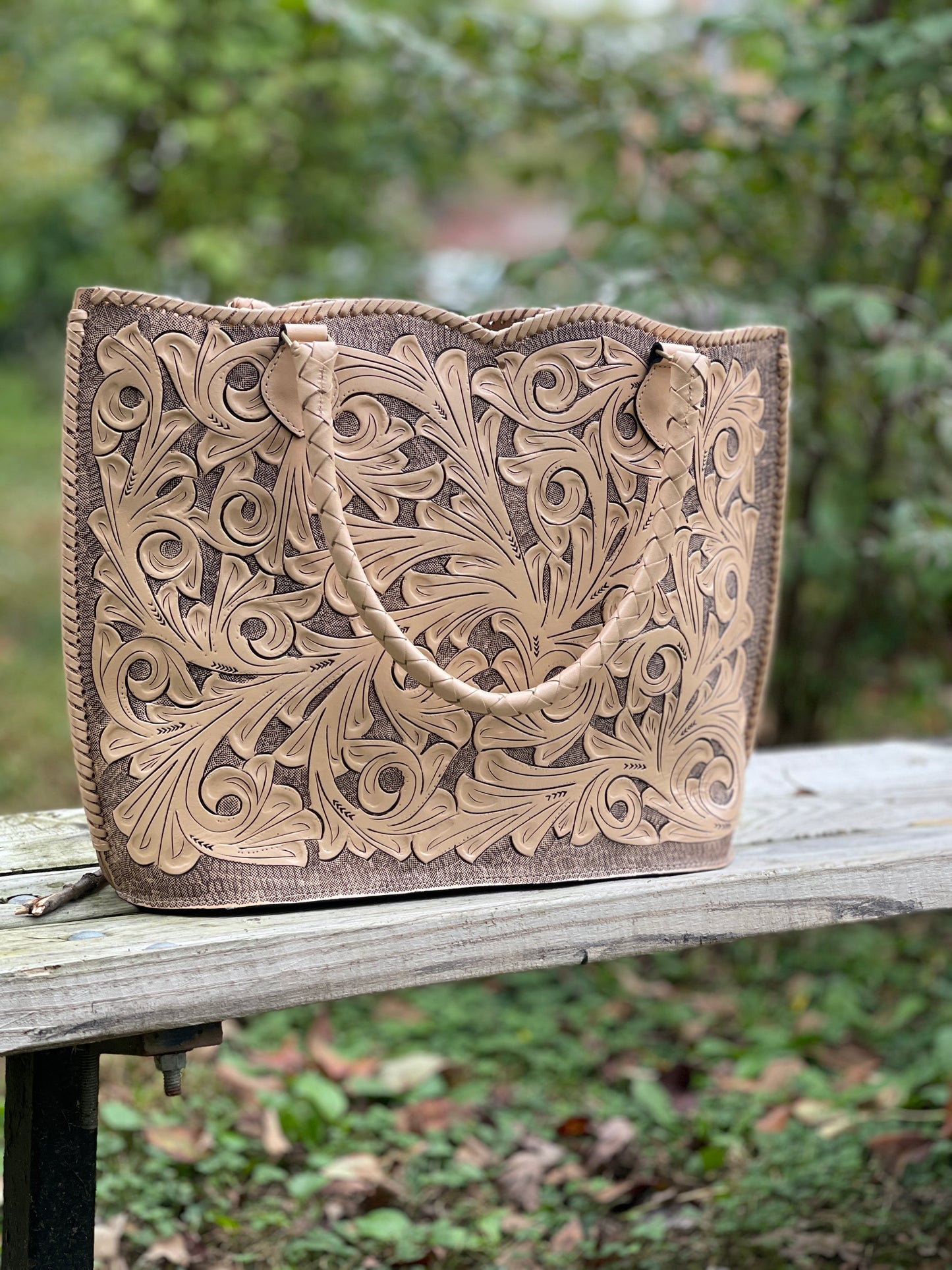 Hand Tooled Leather Tote, "Ibiza" by ALLE, Nude Color, Western Style - ALLE Handbags