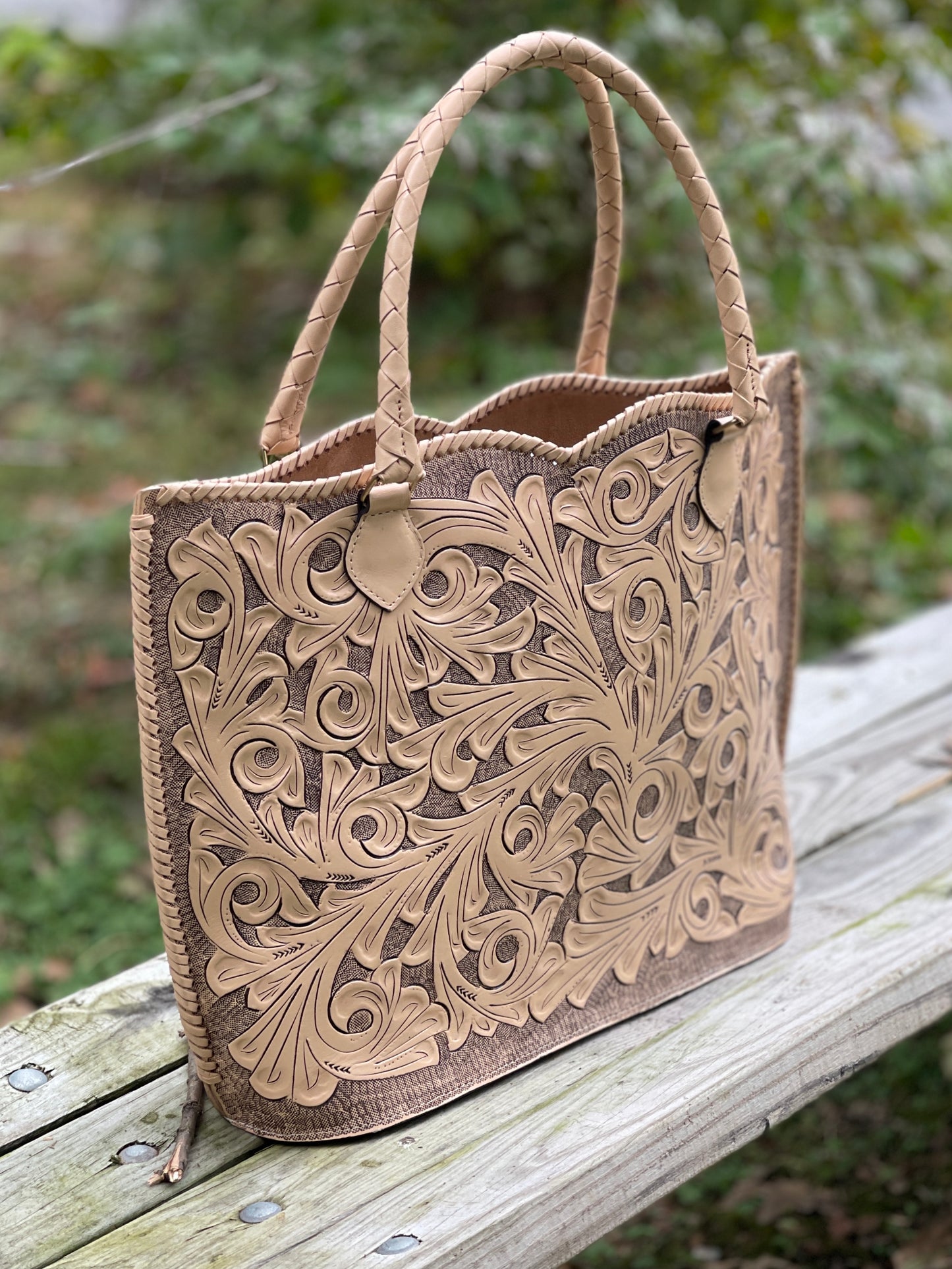 Hand Tooled Leather Tote, "Ibiza" by ALLE, Nude Color, Western Style - ALLE Handbags