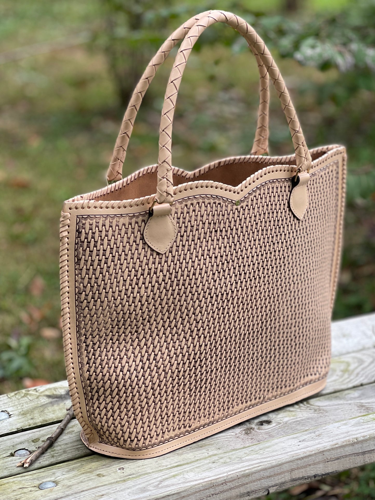 Hand Tooled Leather Tote, "Ibiza" by ALLE, Nude Color, Western Style - ALLE Handbags