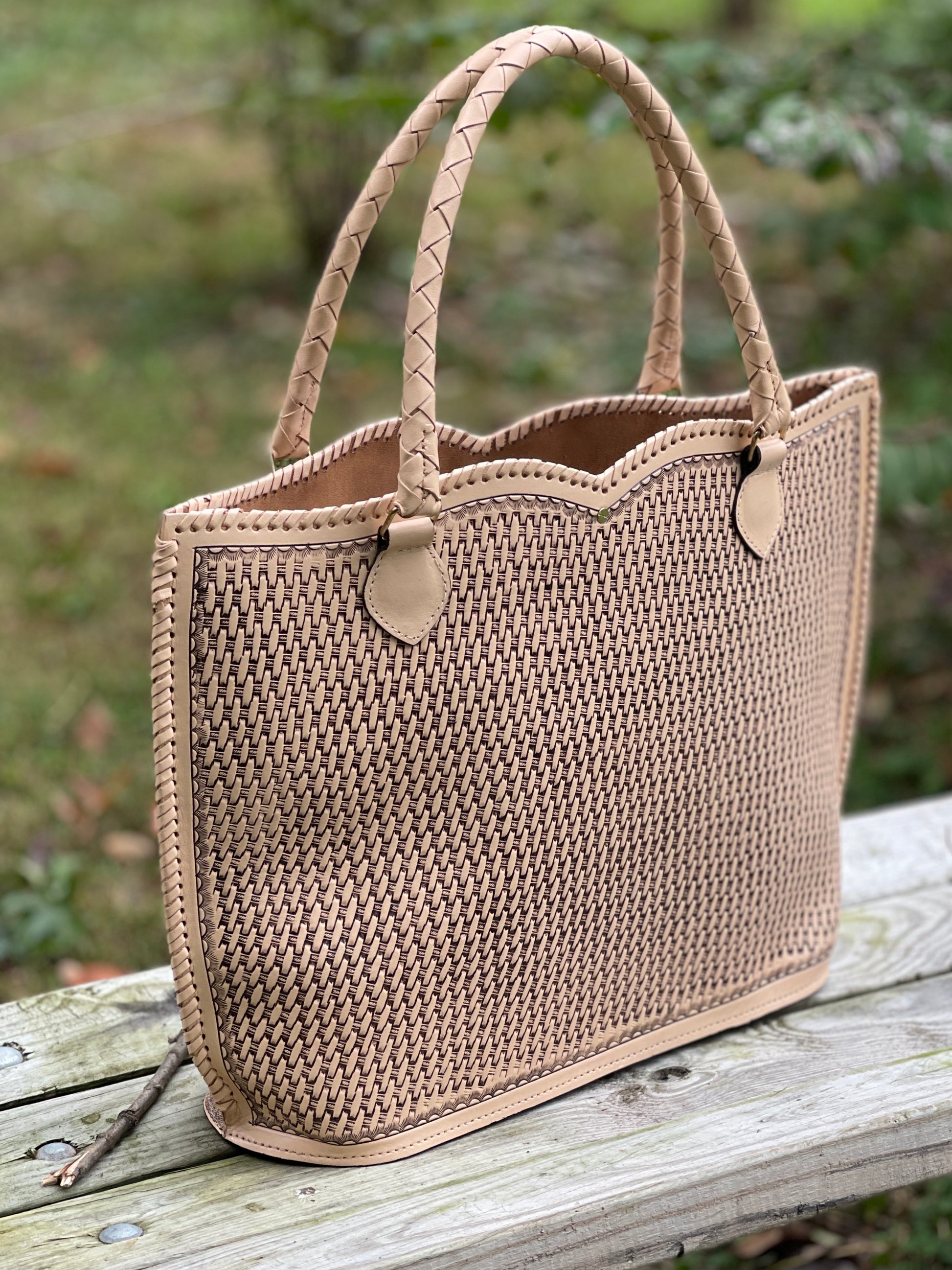 Hand Tooled Leather Tote, "Ibiza" by ALLE, Nude Color, Western Style - ALLE Handbags