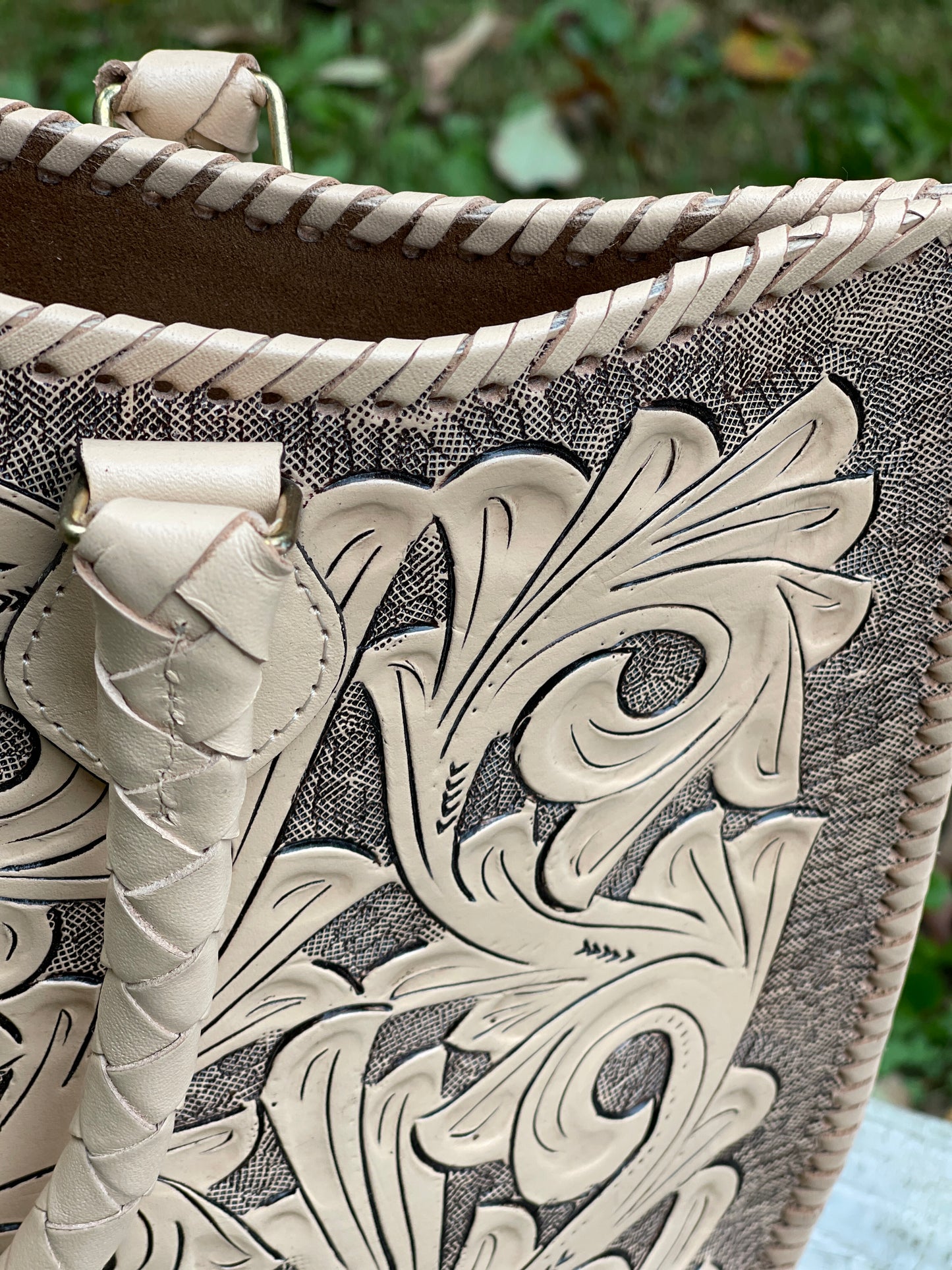 Hand Tooled Leather Tote, "Ibiza" by ALLE, Nude Color, Western Style - ALLE Handbags