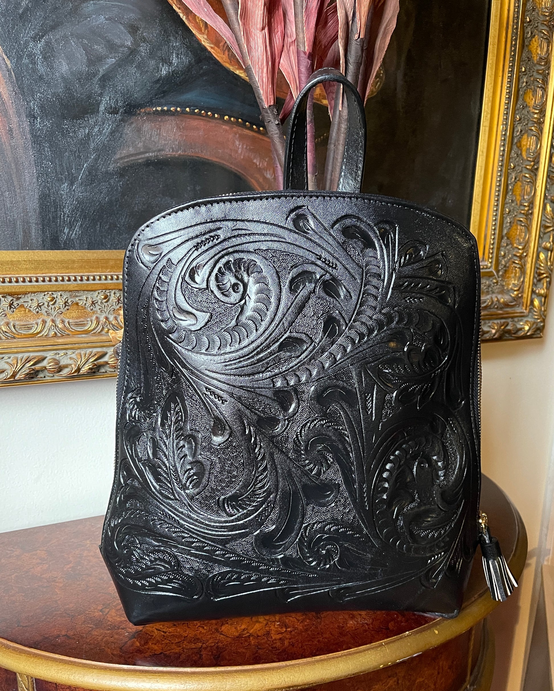 Hand Tooled Leather Backpack "NUUK" by ALLE, Floral Design - ALLE Handbags