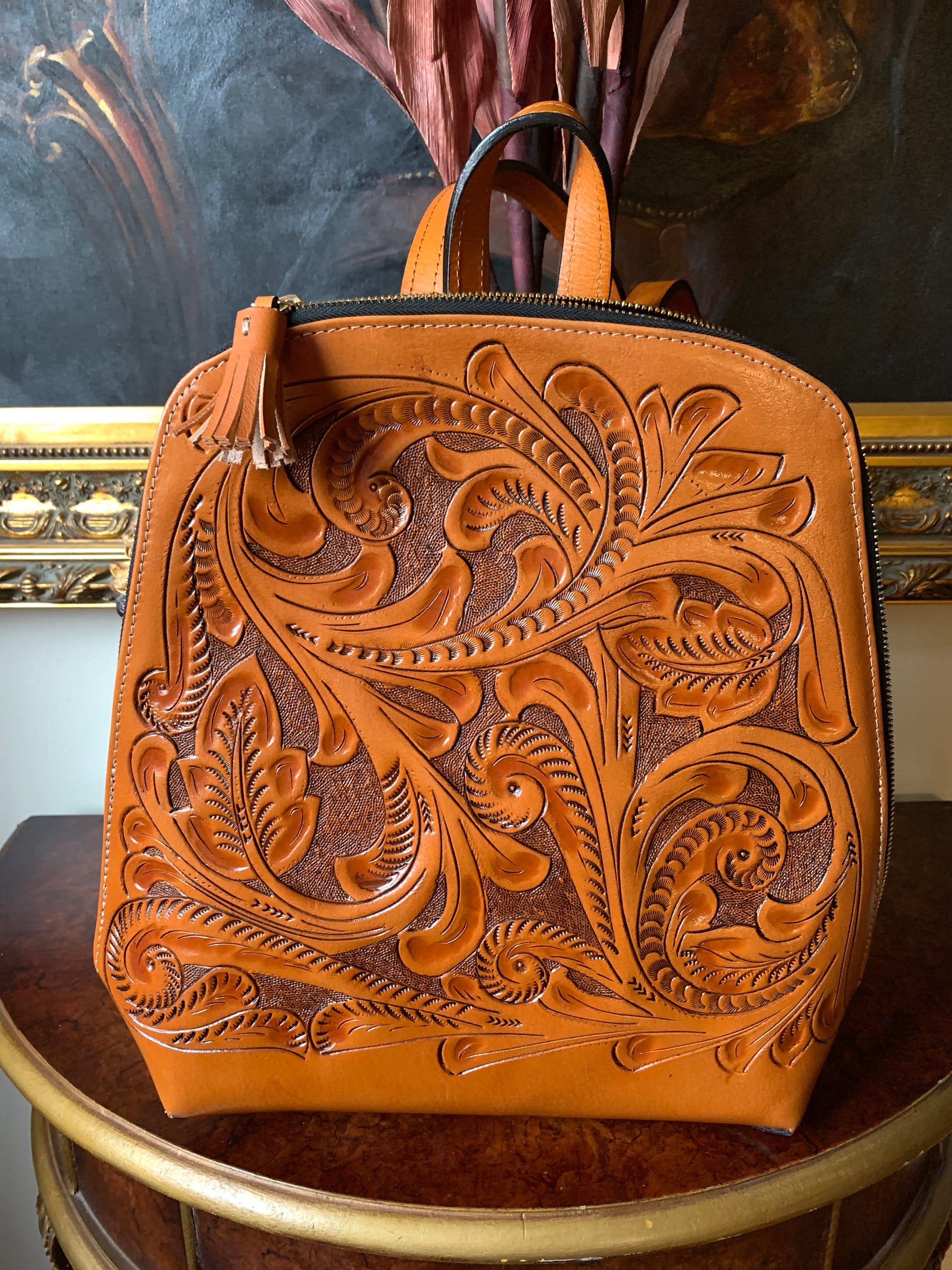 Hand Tooled Leather Backpack "NUUK" by ALLE, Floral Design - ALLE Handbags