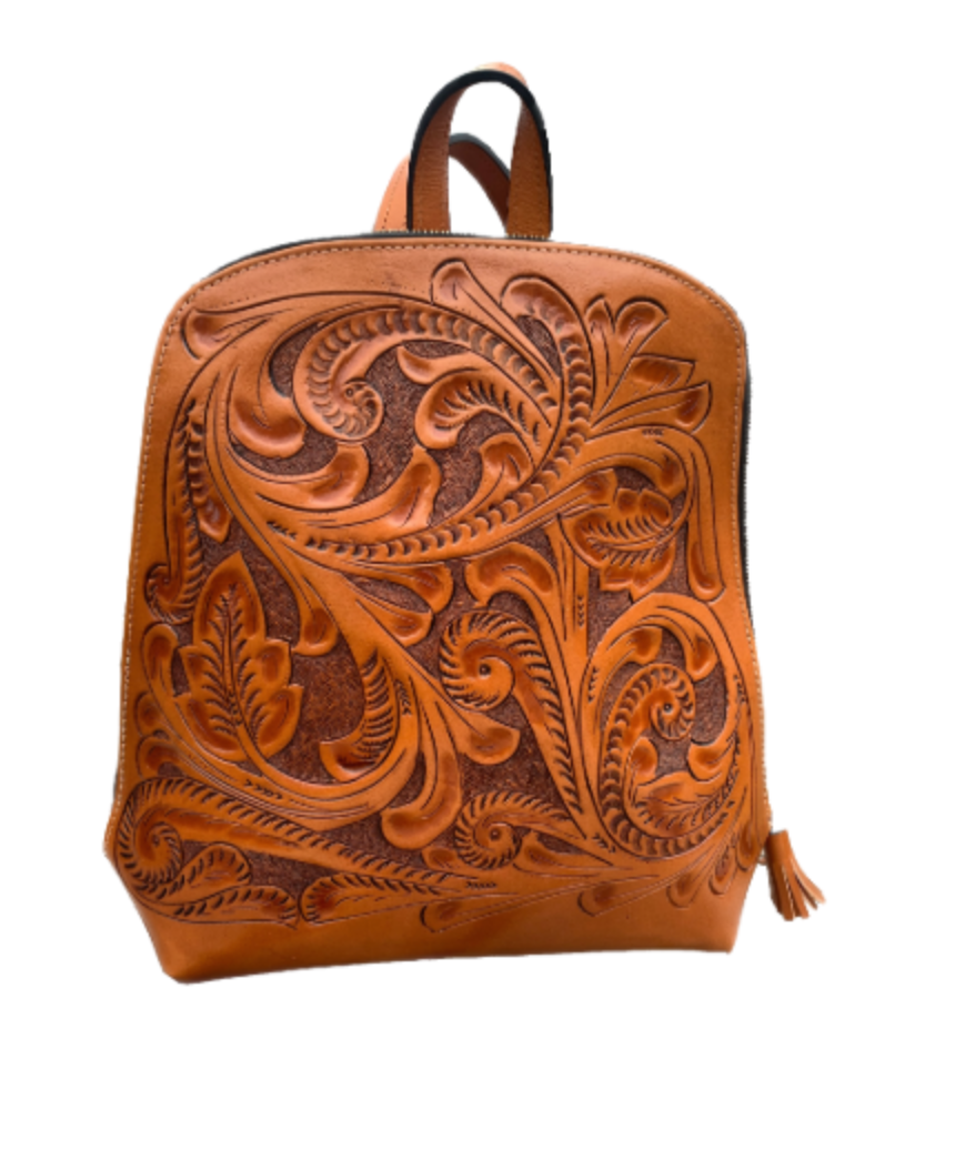 Hand Tooled Leather Backpack "NUUK" by ALLE, Floral Design - ALLE Handbags