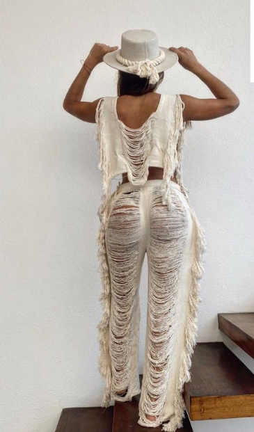 Handmade Frayed Set Pants & Crop "EMMA", Organic Clothing - ALLE Handbags