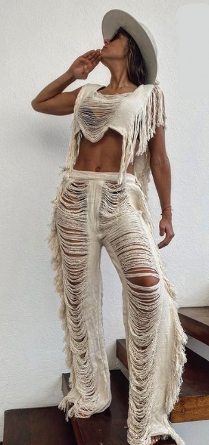 Handmade Frayed Set Pants & Crop "EMMA", Organic Clothing - ALLE Handbags
