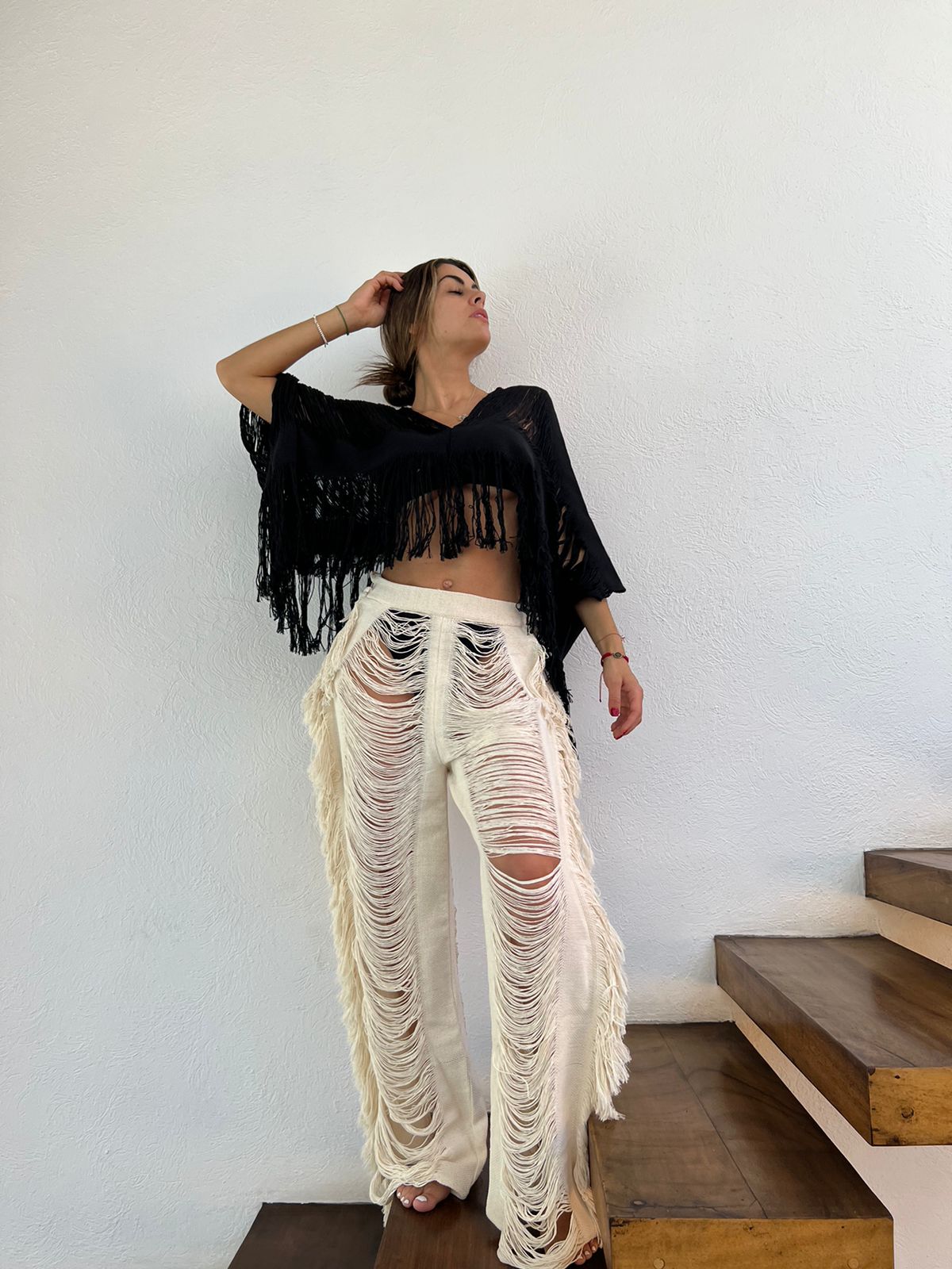 Women's ALLE BOHO "EMMA", Handmade Frayed Set Pants & Crop Top, Beachwear - ALLE Handbags