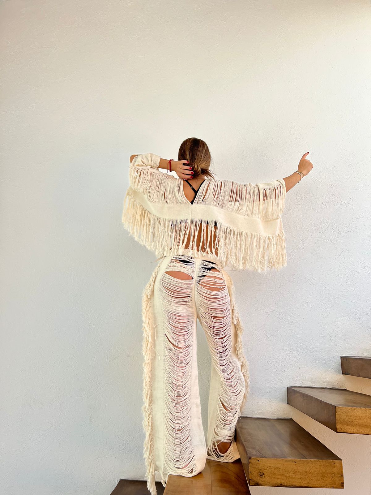 Women's ALLE BOHO "EMMA", Handmade Frayed Set Pants & Crop Top, Beachwear - ALLE Handbags