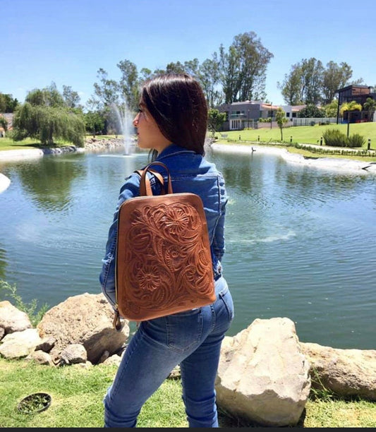 Hand Tooled Leather Backpack "NUUK" by ALLE, Floral Design - ALLE Handbags