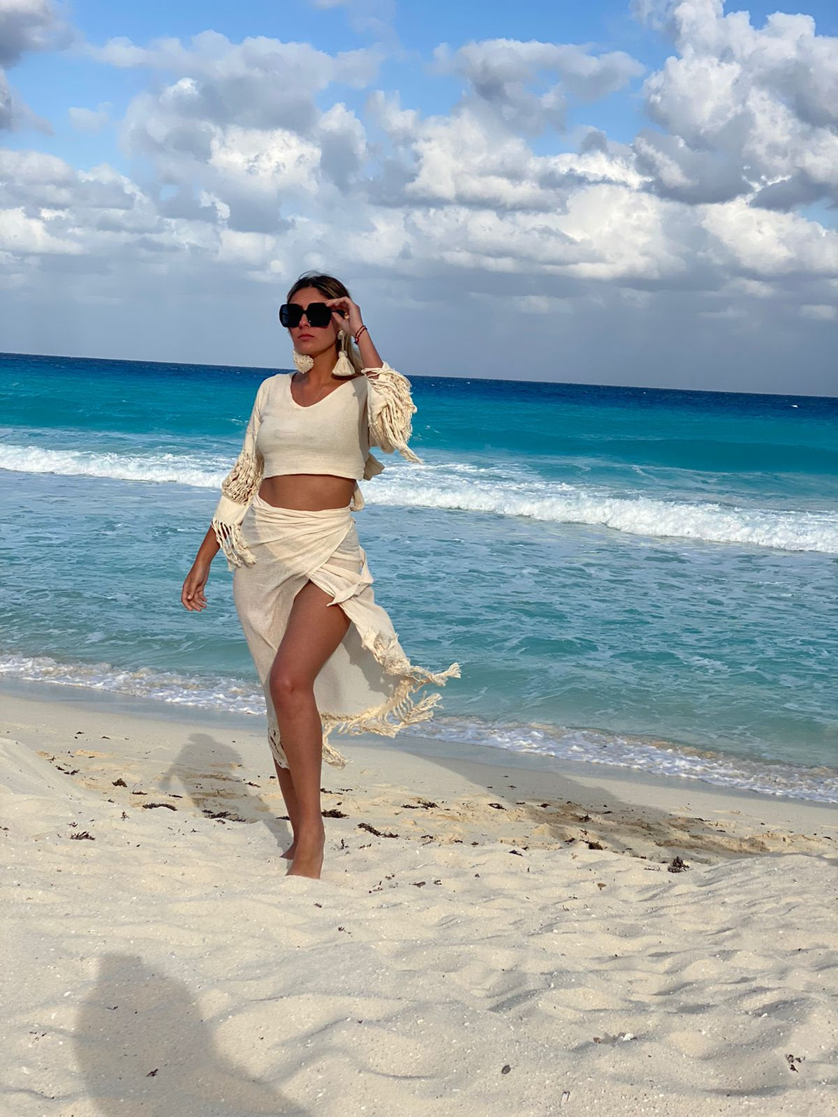 ALLE BOHO "SARA" Beachwear Skirt and Top Cotton Set in Beige - ALLE Handbags