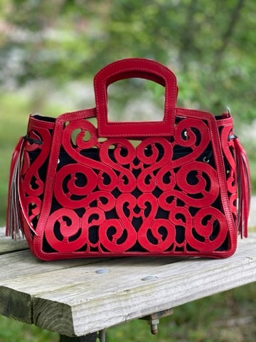 Hand tooled Cut-Out Tooling Leather, Small Mini Tote - Crossbody "NOTA" by ALLE