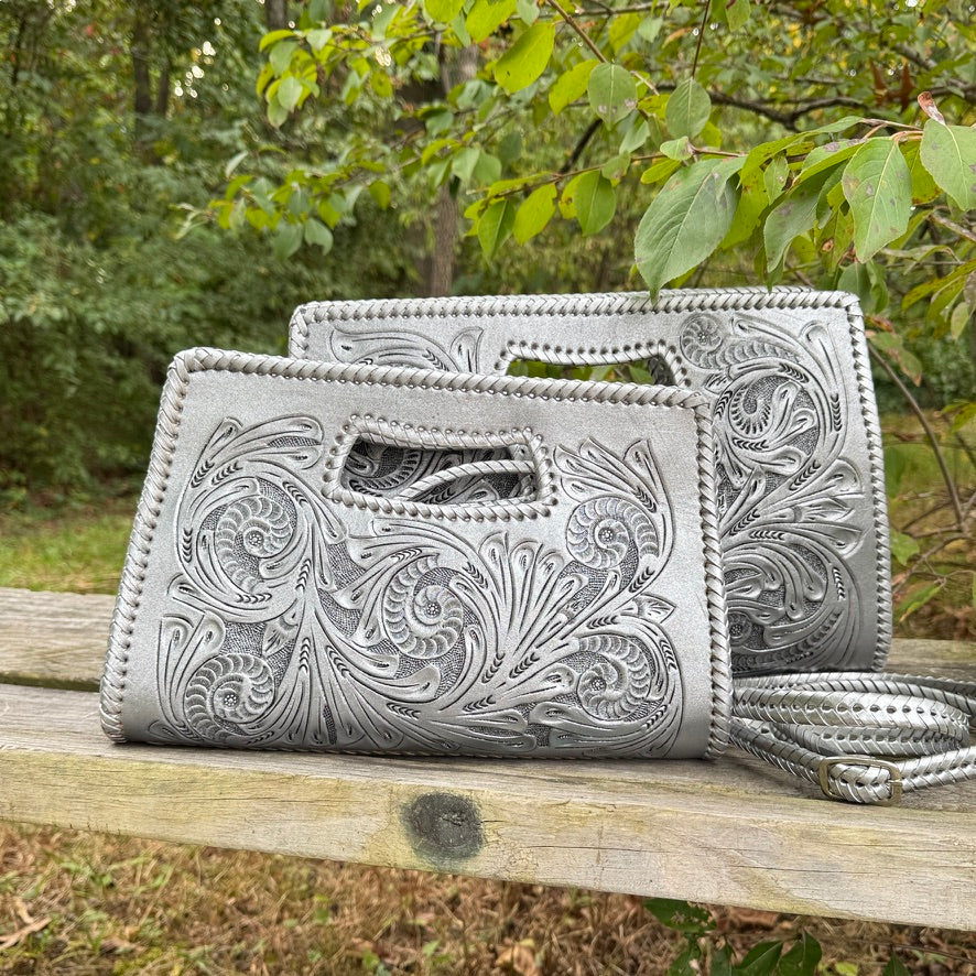Hand-Tooled Leather Large Clutch & Crossbody, "JENNY" by ALLE