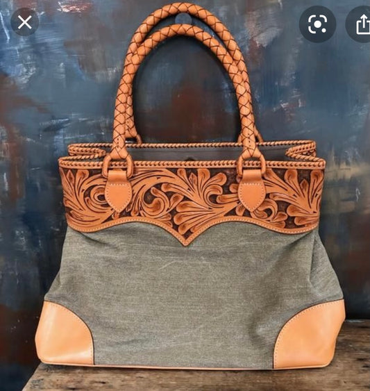 Hand-Tooled Leather & Denim Tote "Denim" by ALLE more Colors