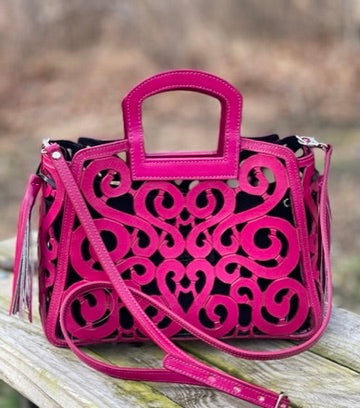 Hand tooled Cut-Out Tooling Leather, Small Mini Tote - Crossbody "NOTA" by ALLE