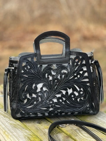 Hand Cut-Out Tooling Leather, Small Mini Tote & Crossbody "NOTA SPIKES" by ALLE