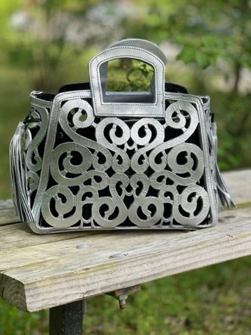Hand tooled Cut-Out Tooling Leather, Small Mini Tote - Crossbody "NOTA" by ALLE