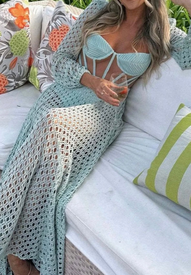 Turquoise Cutout Stretch and Crochet Knit Maxi Beach Dress - ALLE Handbags