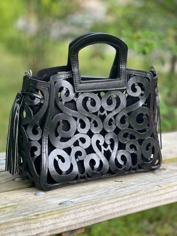 Hand tooled Cut-Out Tooling Leather, Small Mini Tote - Crossbody "NOTA" by ALLE