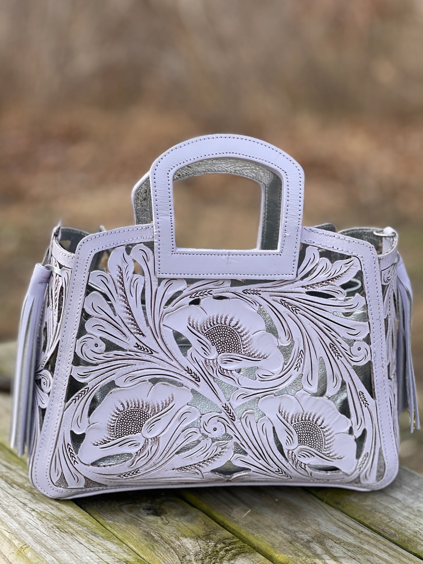 Hand tooled Cut-Out Tooling Leather Small Tote "NOTA FLORAL" by ALLE
