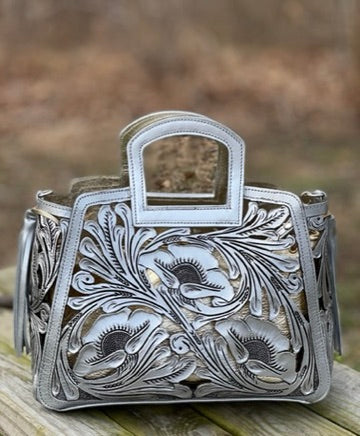 Hand tooled Cut-Out Tooling Leather Small Tote "NOTA FLORAL" by ALLE