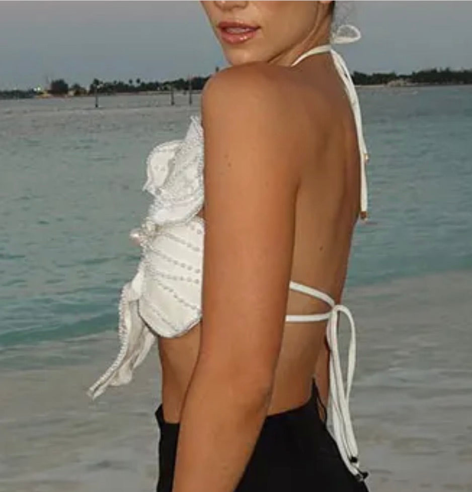 Beach Set of Beaded Flower Top, bikini bottom and Cut-Out Pant - ALLE Handbags
