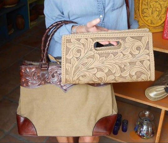 Hand-Tooled Leather & Denim Tote "Denim" by ALLE more Colors