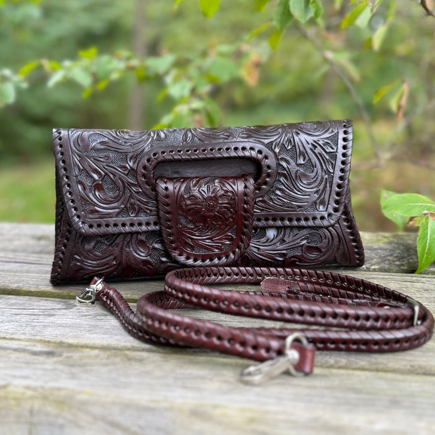 Hand-Tooled Leather Small Clutch & Crossbody "LENGUETA" by ALLE, more colors