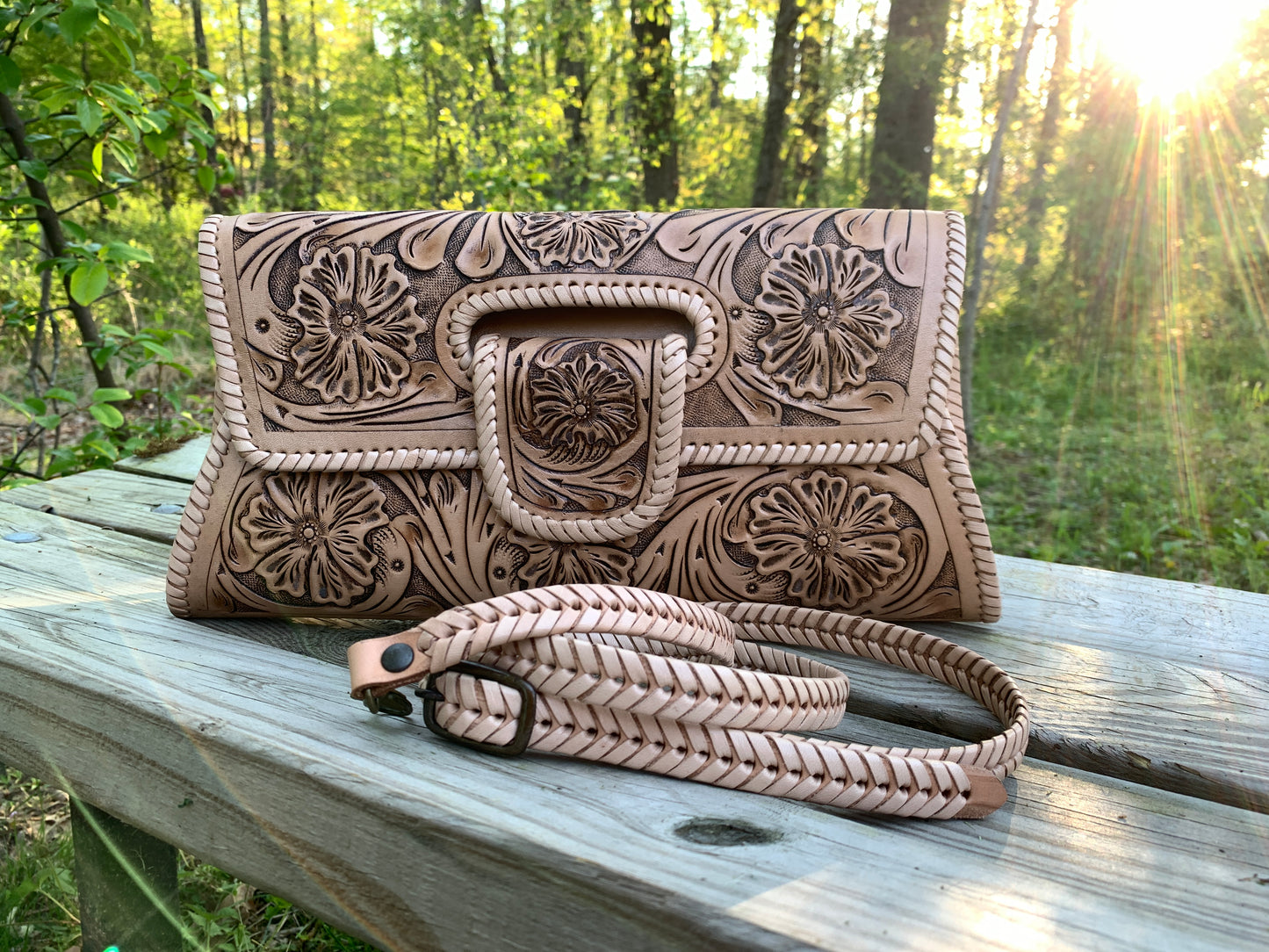 Hand-Tooled Leather Small Clutch & Crossbody "LENGUETA" by ALLE, more colors - ALLE Handbags