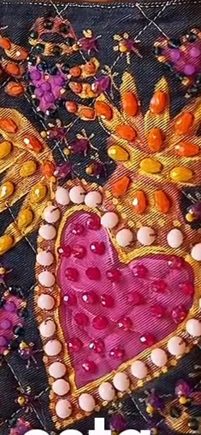 Hand Painted Denim Tote Bag with Embroidered "Heart and Wings"