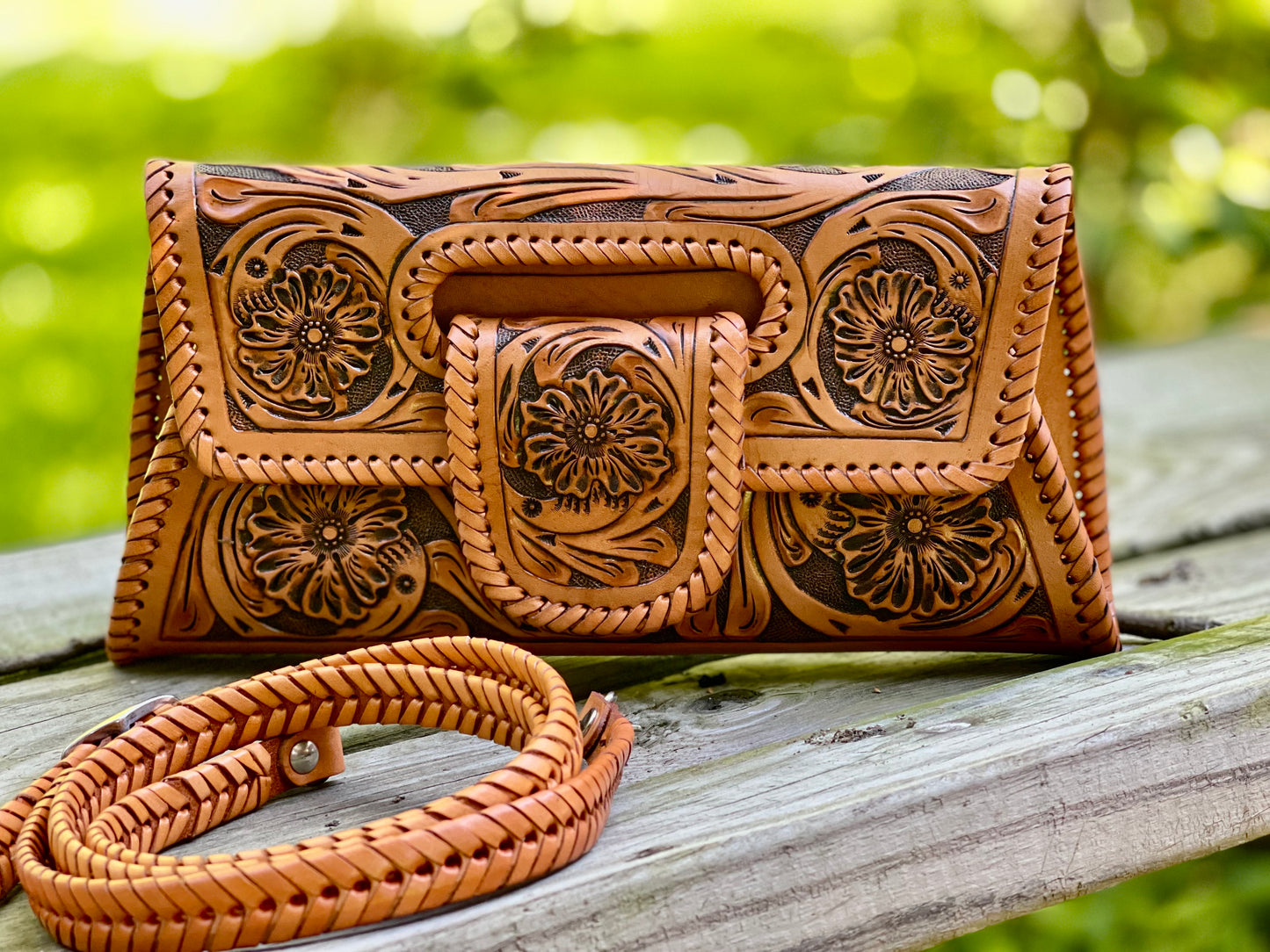 Hand-Tooled Leather Small Clutch & Crossbody "LENGUETA" by ALLE, more colors - ALLE Handbags