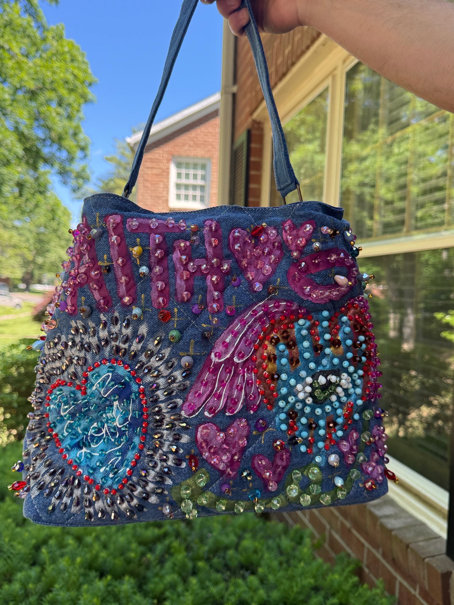 Hand Painted  & Embroidered Denim Tote Bag with Heart, Mystic Eye & Lettering