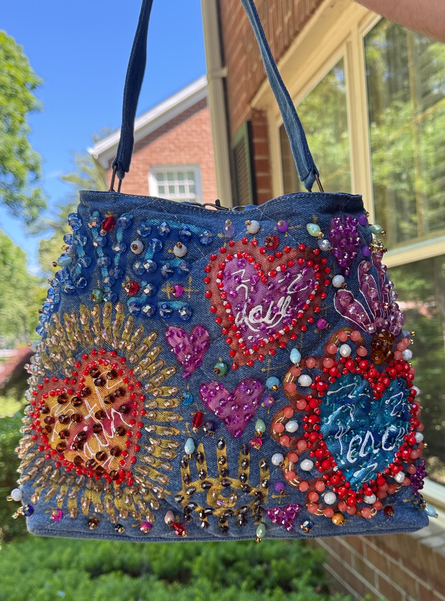 Hand Painted  & Embroidered Denim Tote Bag with Heart, Mystic Eye & Lettering