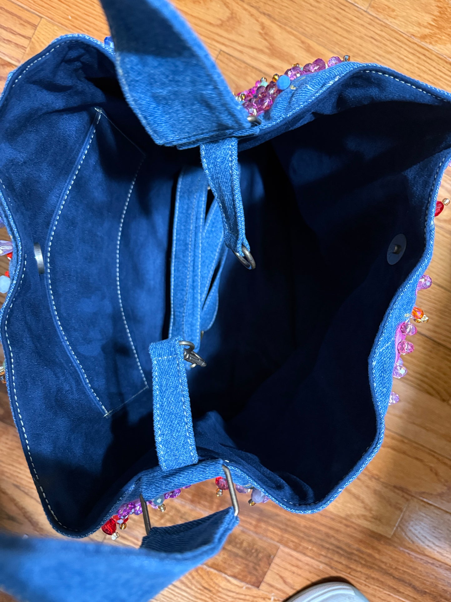 Hand Painted  & Embroidered Denim Tote Bag with Heart, Mystic Eye & Lettering