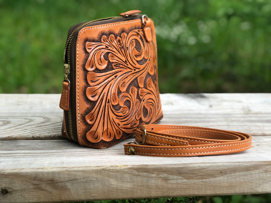 Hand-Tooled Leather Small Crossbody "CATALINA" by ALLE more Colors